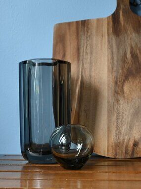 Signed Mats Jonasson Smoked Glass Vase Swedish Scandinavian Art Glass Faceted 9"